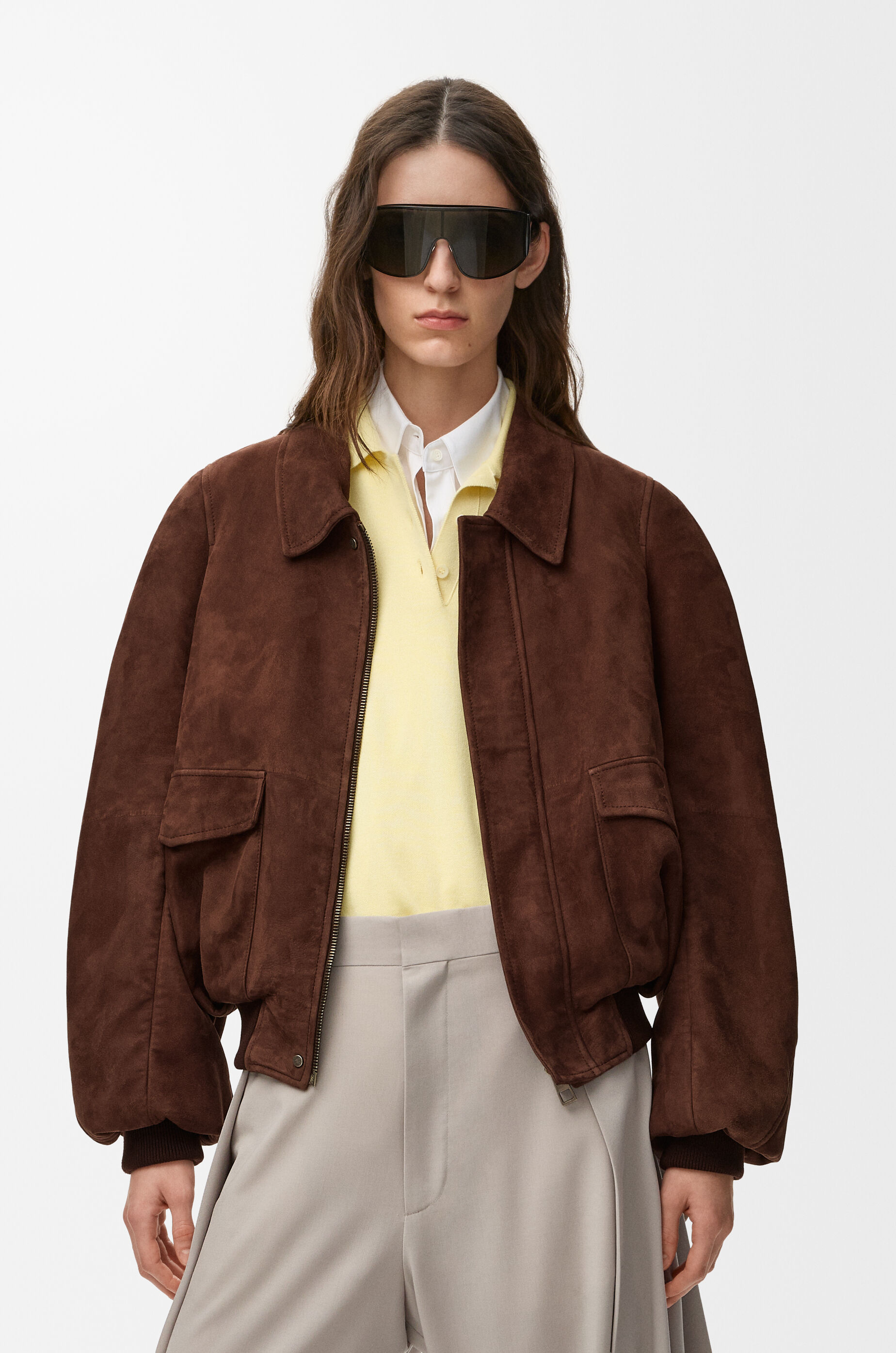 LOEWE Bomber jacket in suede goatskin Dark Brown