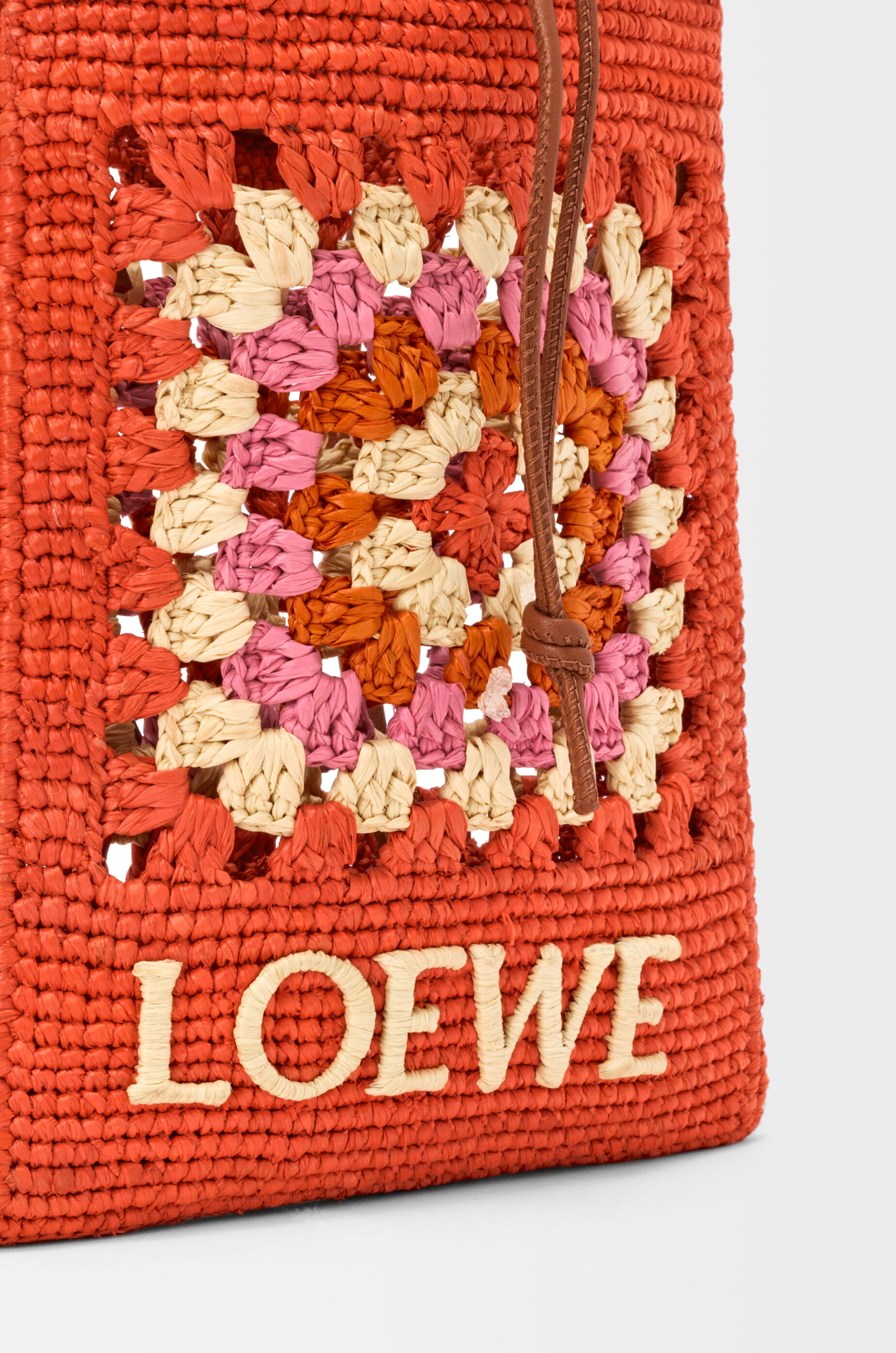 LOEWE Drawstring pocket in classic calfskin and raffia Bright Orange/Pink