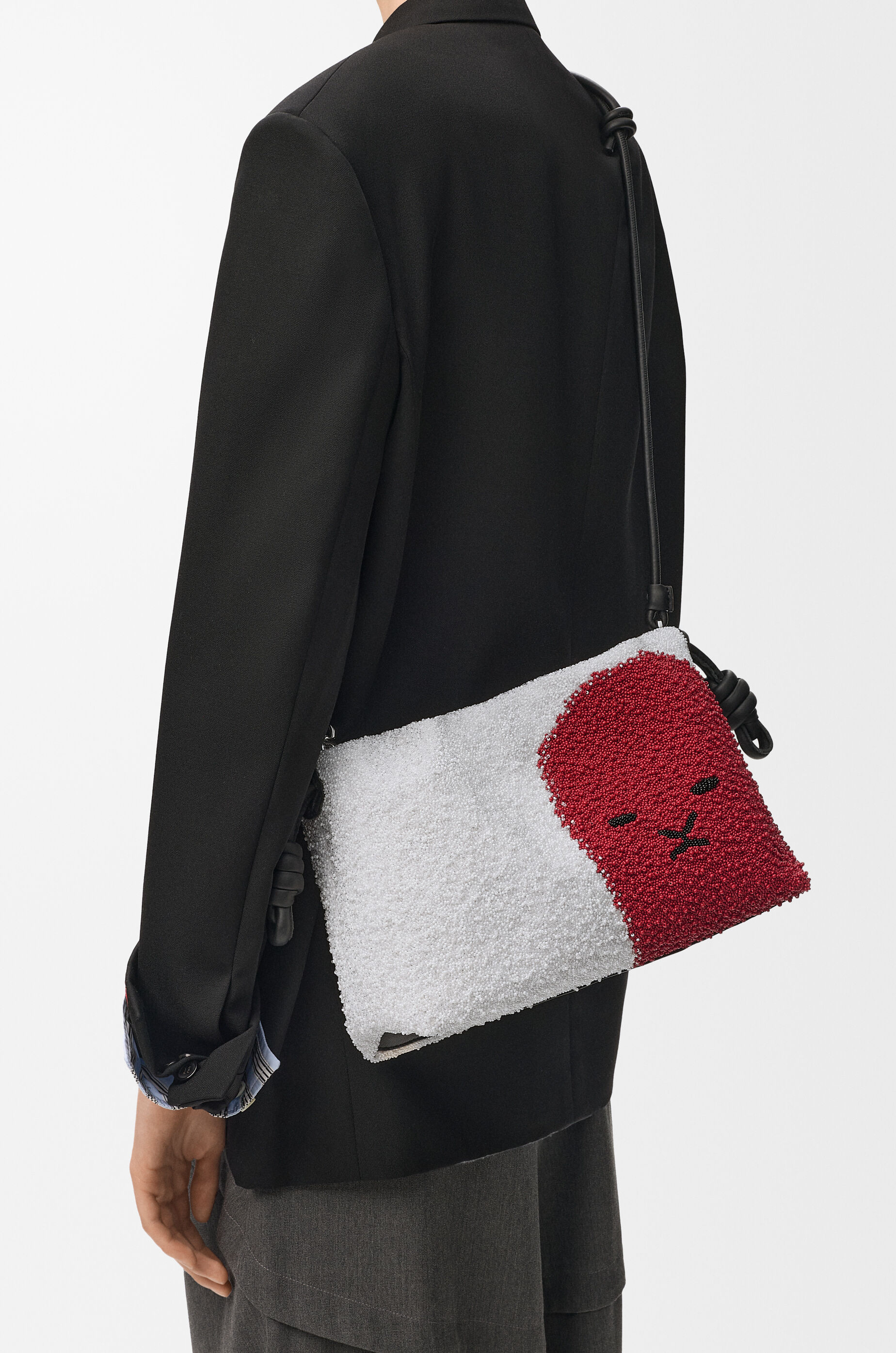 LOEWE Medium Lion Beads Flamenco purse in beaded canvas and calfskin White/Red