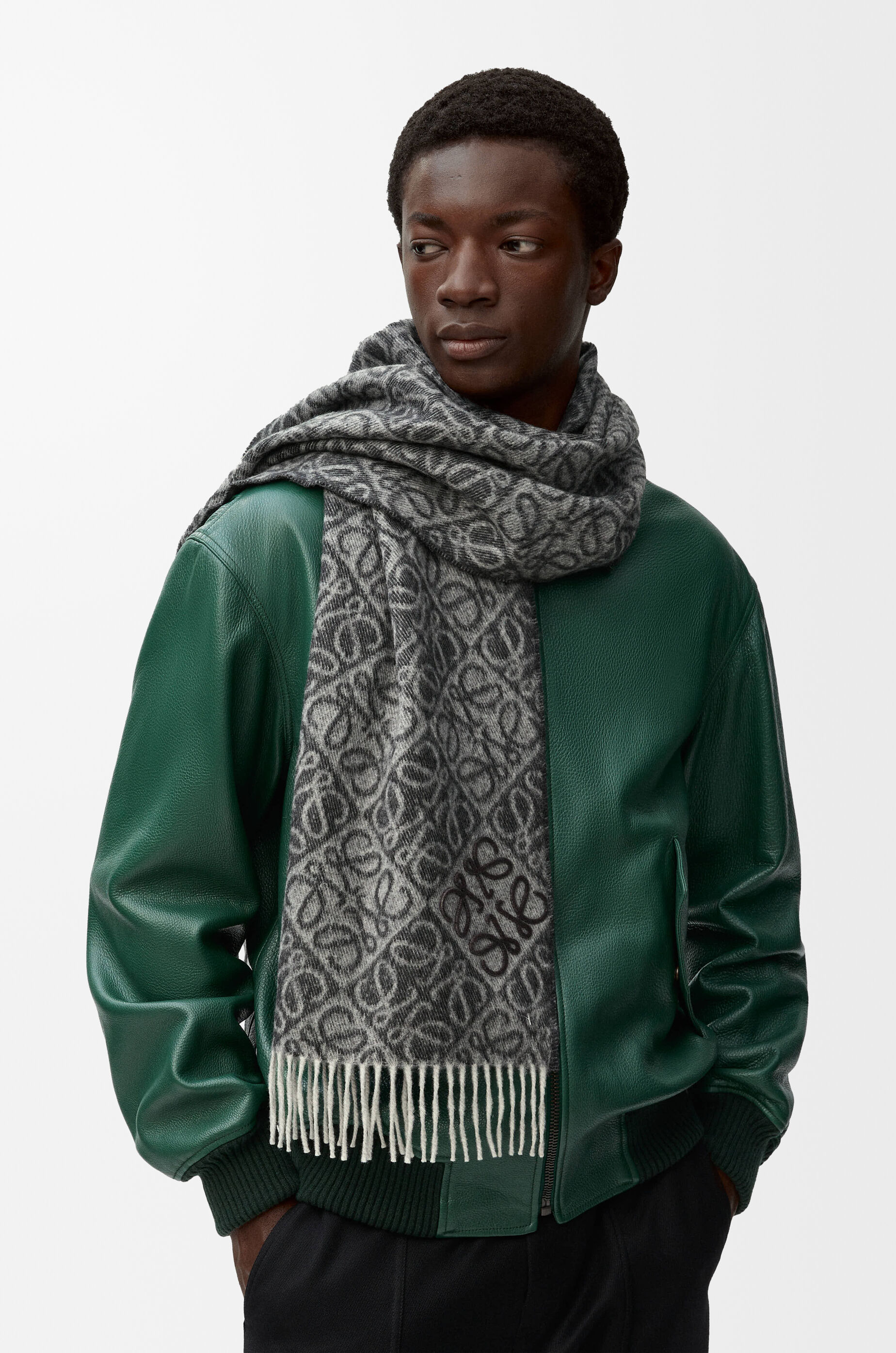 LOEWE Anagram scarf in wool and cashmere Dark Grey