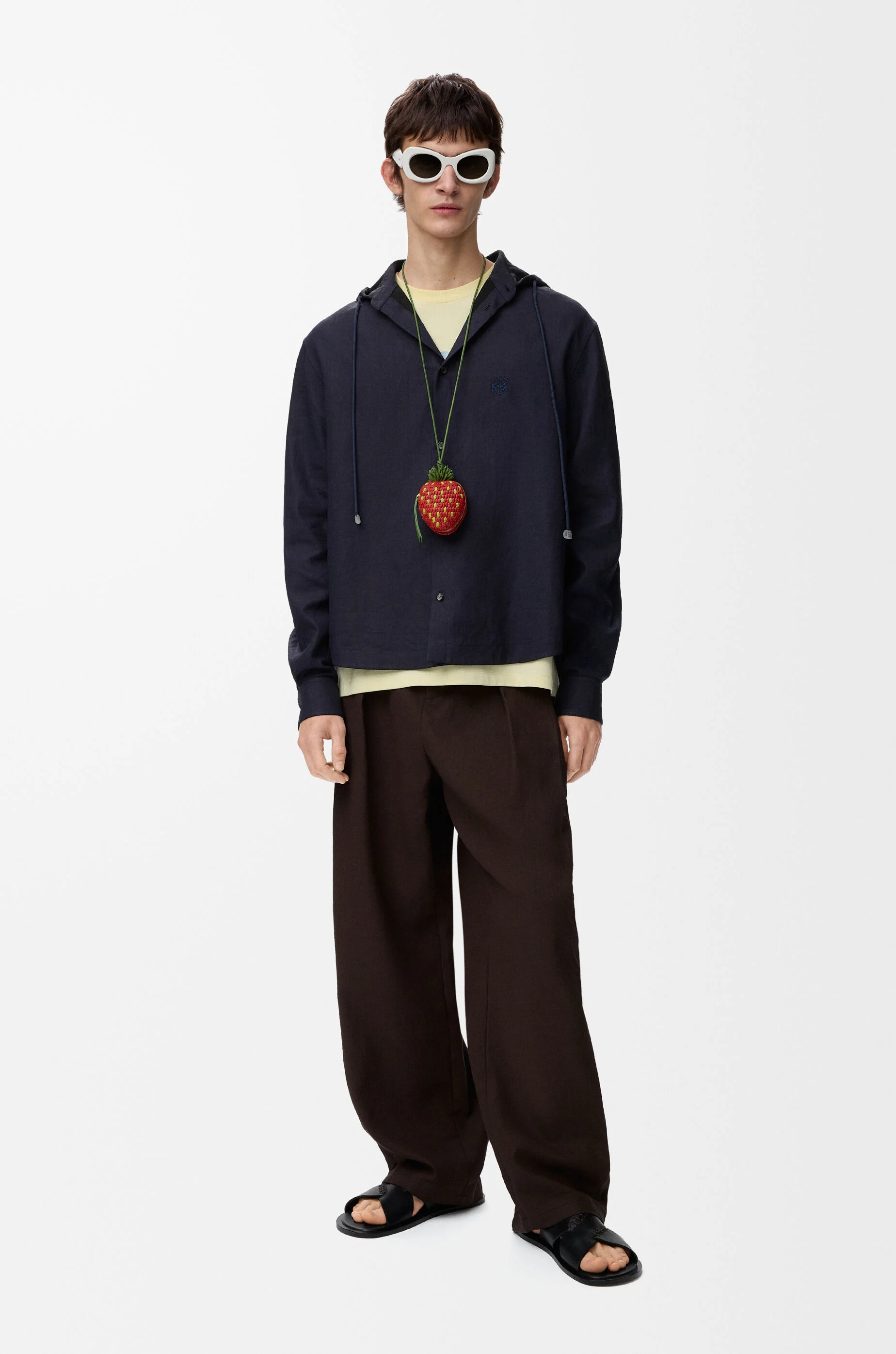 LOEWE Hooded shirt in cotton and linen Navy/Black