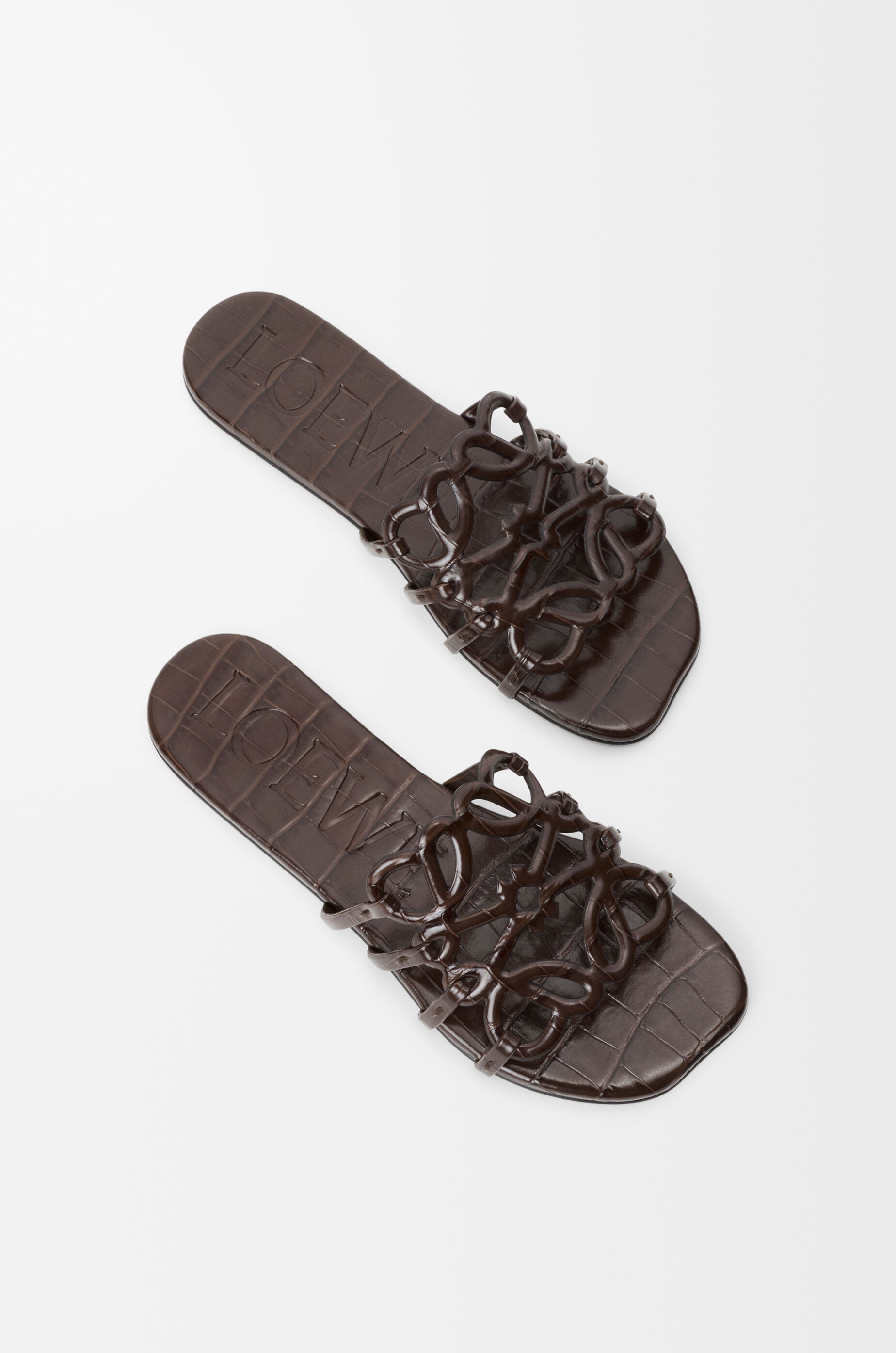 LOEWE Petal Anagram slide in croc-embossed calfskin Dark Brown
