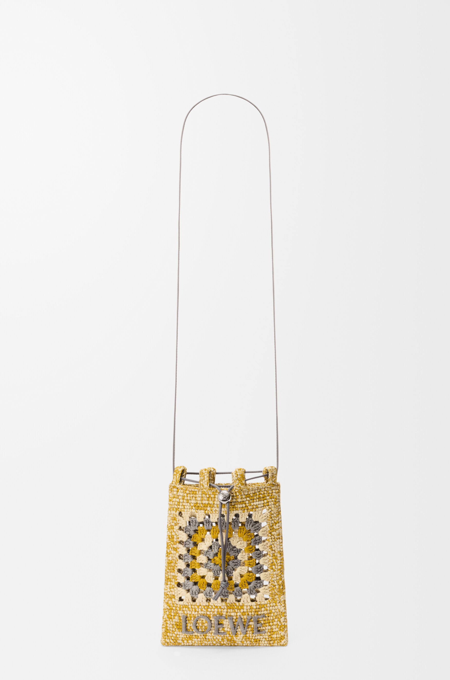 LOEWE Drawstring pocket in classic calfskin and raffia Pearl Grey/Mustard