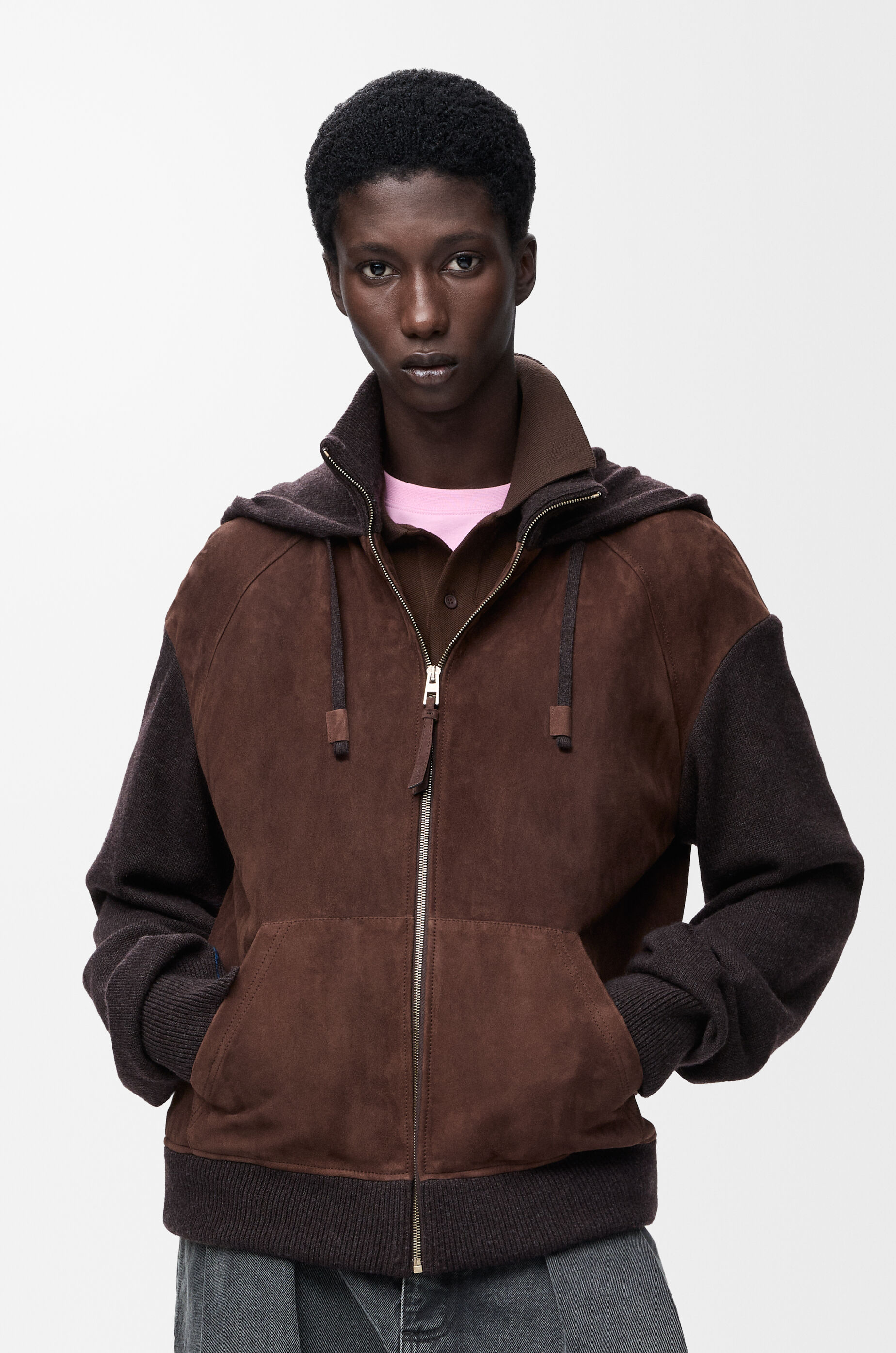 LOEWE Hybrid zip-up hoodie in suede goatskin and wool blend Dark Brown