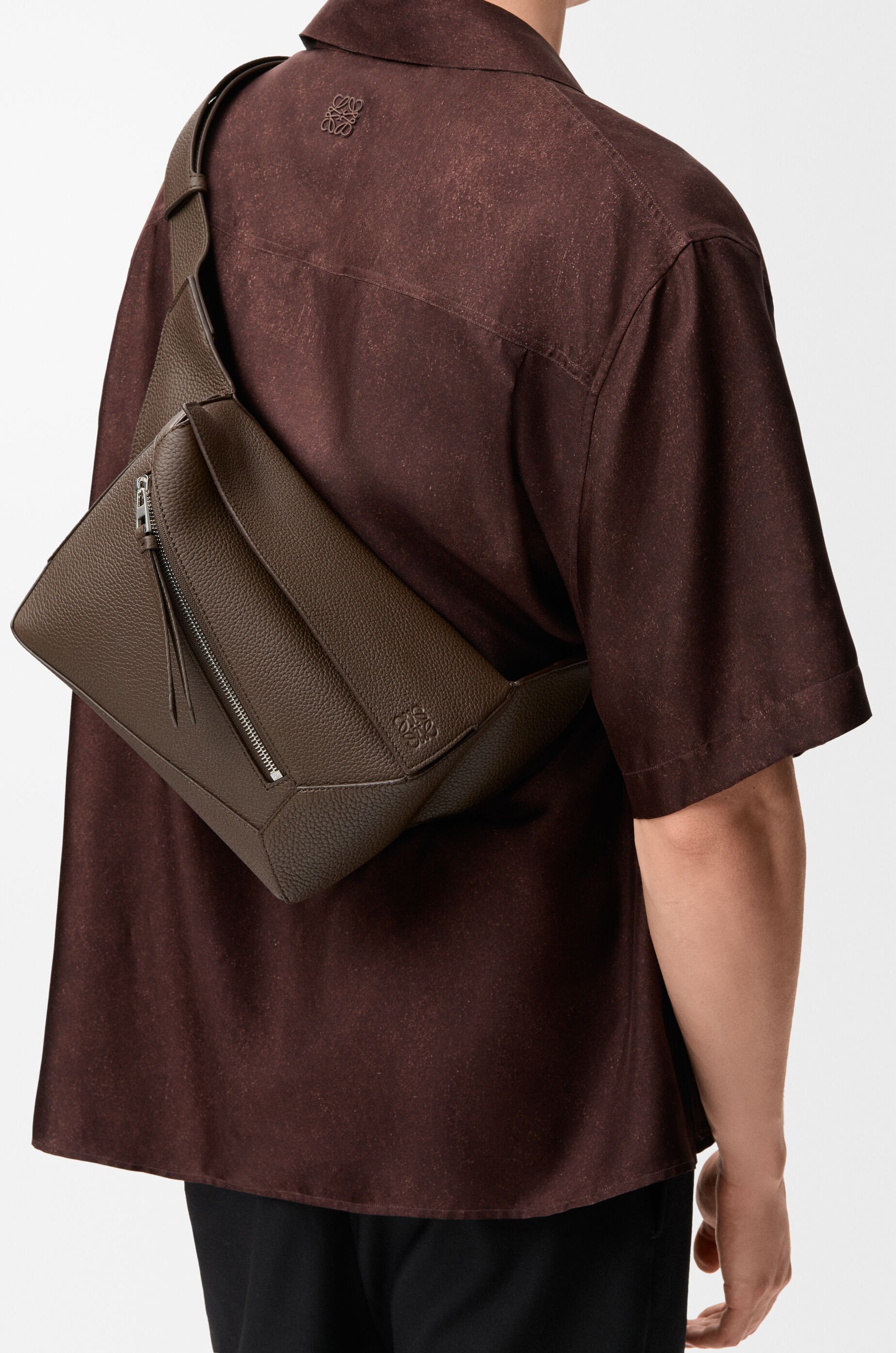 LOEWE Small Puzzle bumbag in grained calfskin Dark Cigar