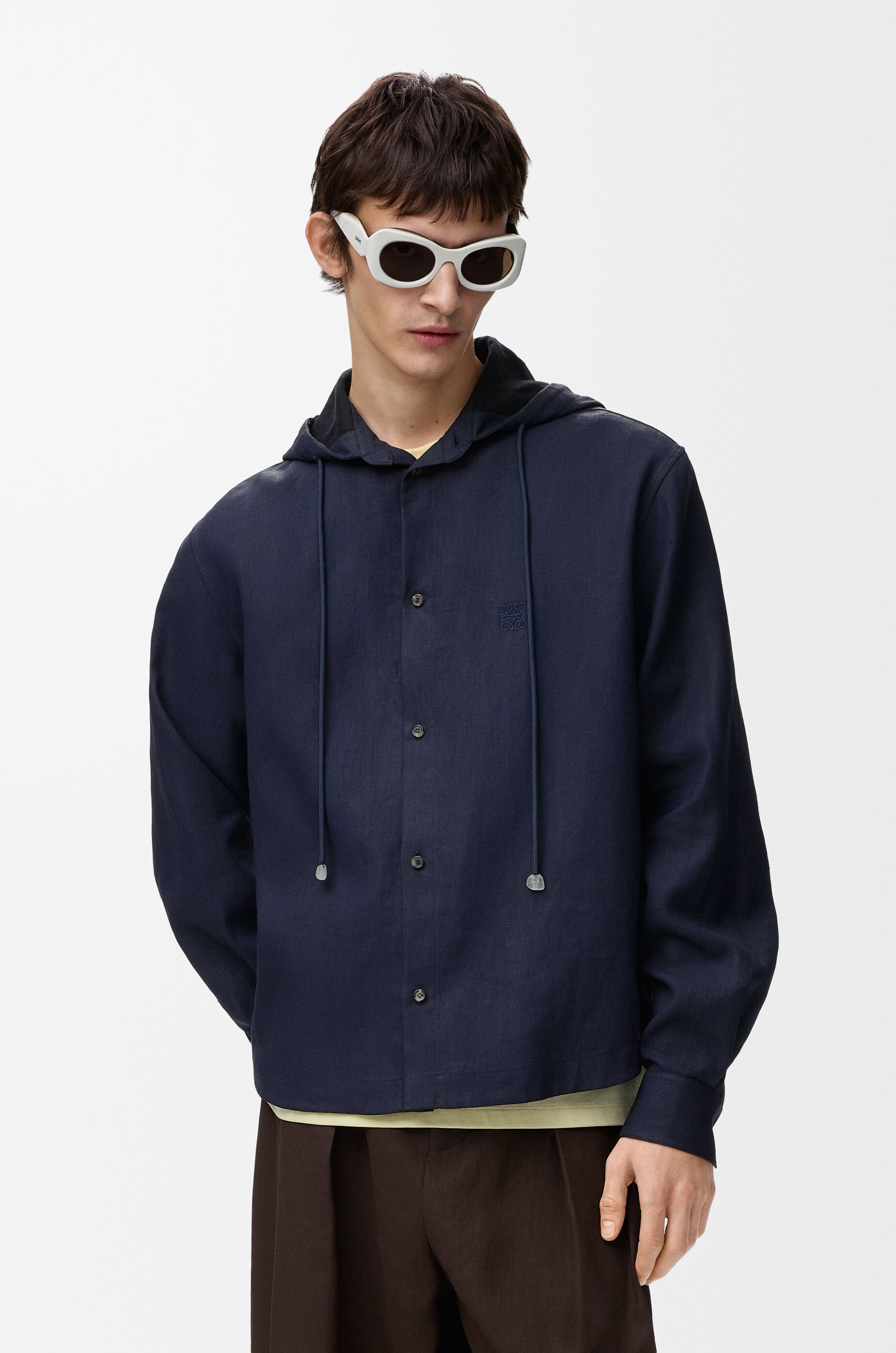 LOEWE Hooded shirt in cotton and linen Navy/Black