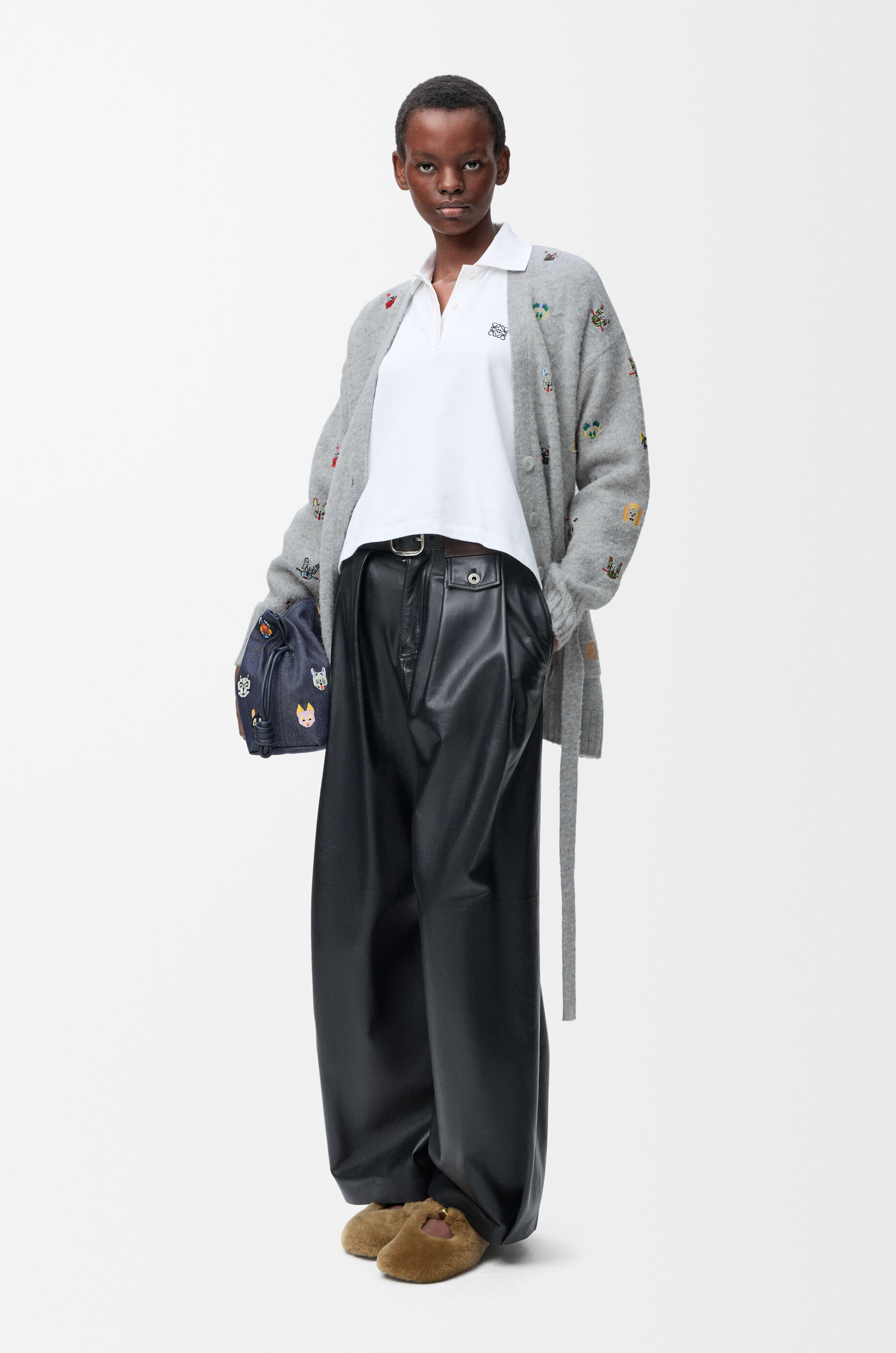 LOEWE Belted cardigan in wool Grey/Multicolor
