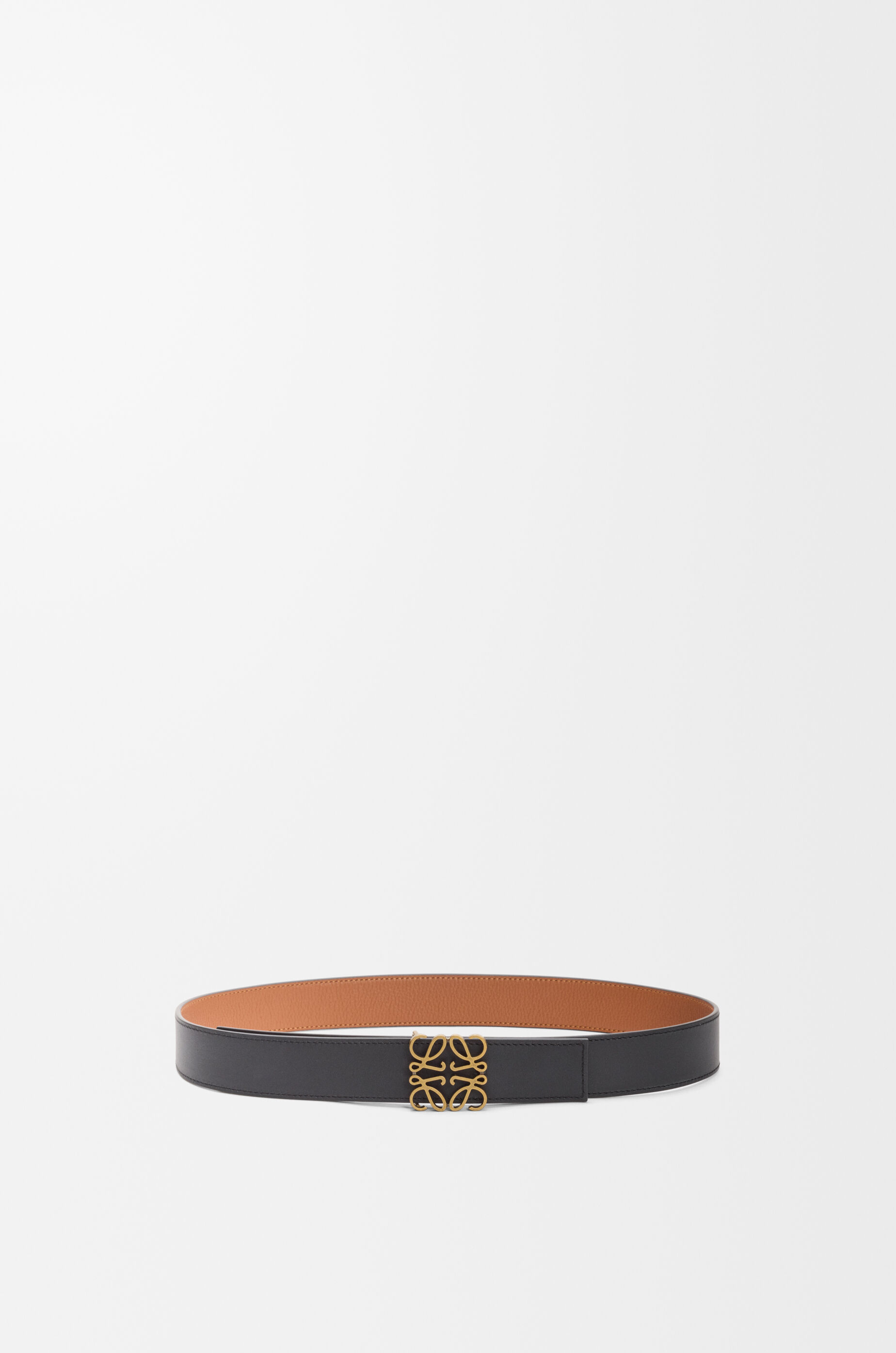 LOEWE Reversible Anagram belt in soft grained calfskin and smooth calfskin Tan/Black/Old Gold