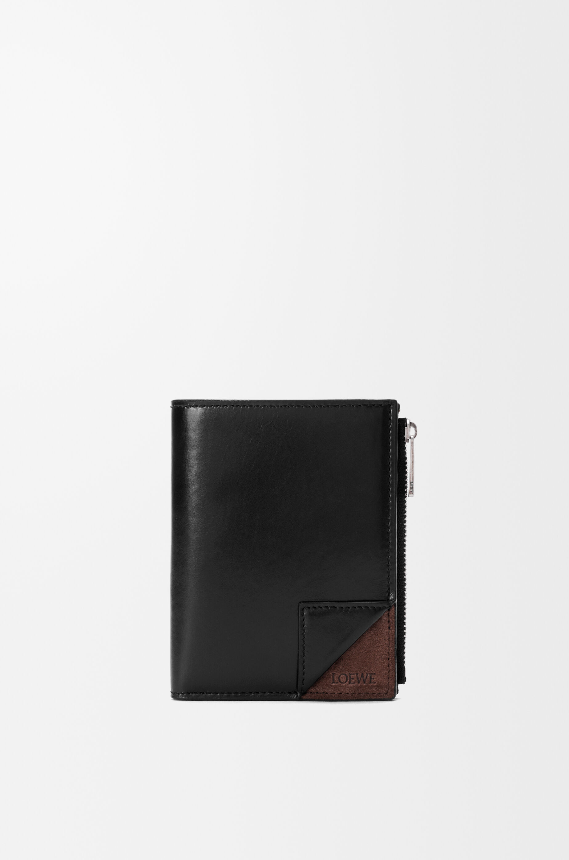 LOEWE Switch slim compact wallet in supple grained calfskin and suede Black/Espresso