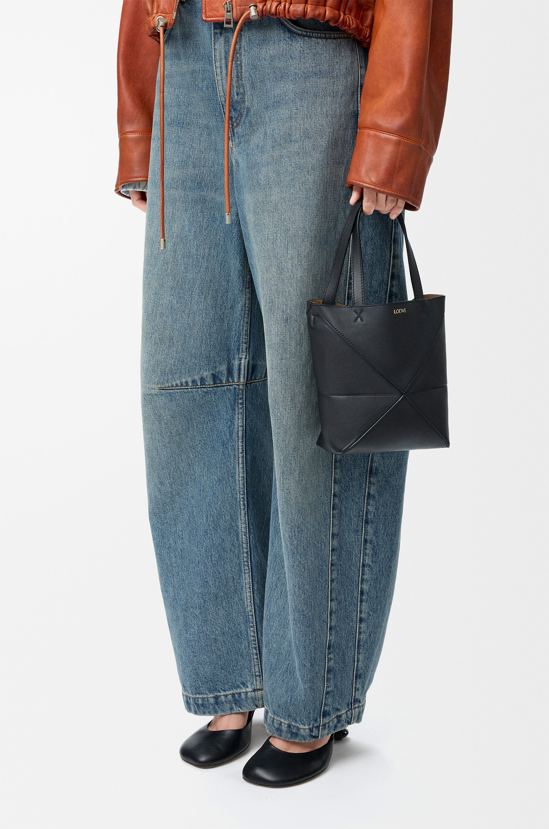LOEWE Mini Puzzle Fold tote in shiny calfskin Black
