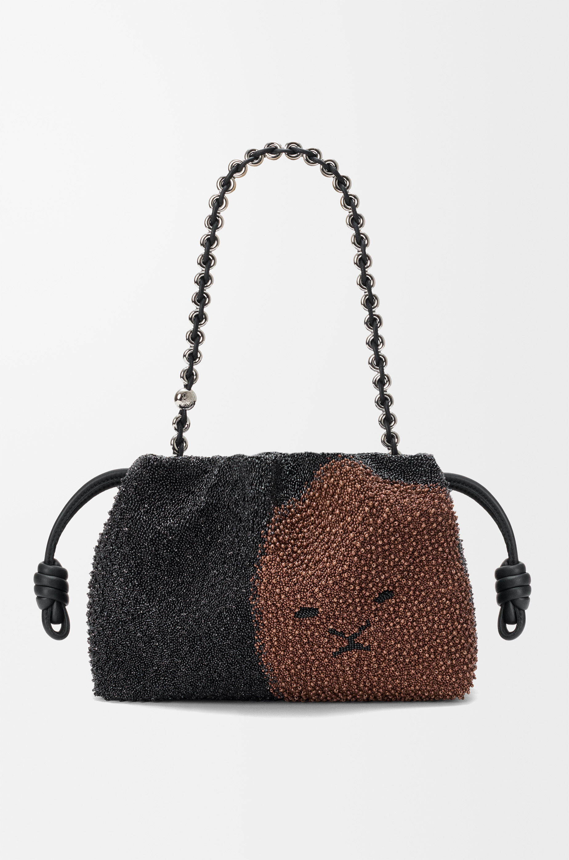 LOEWE Medium Lion Beads Flamenco purse in beaded canvas and calfskin Black/Pecan