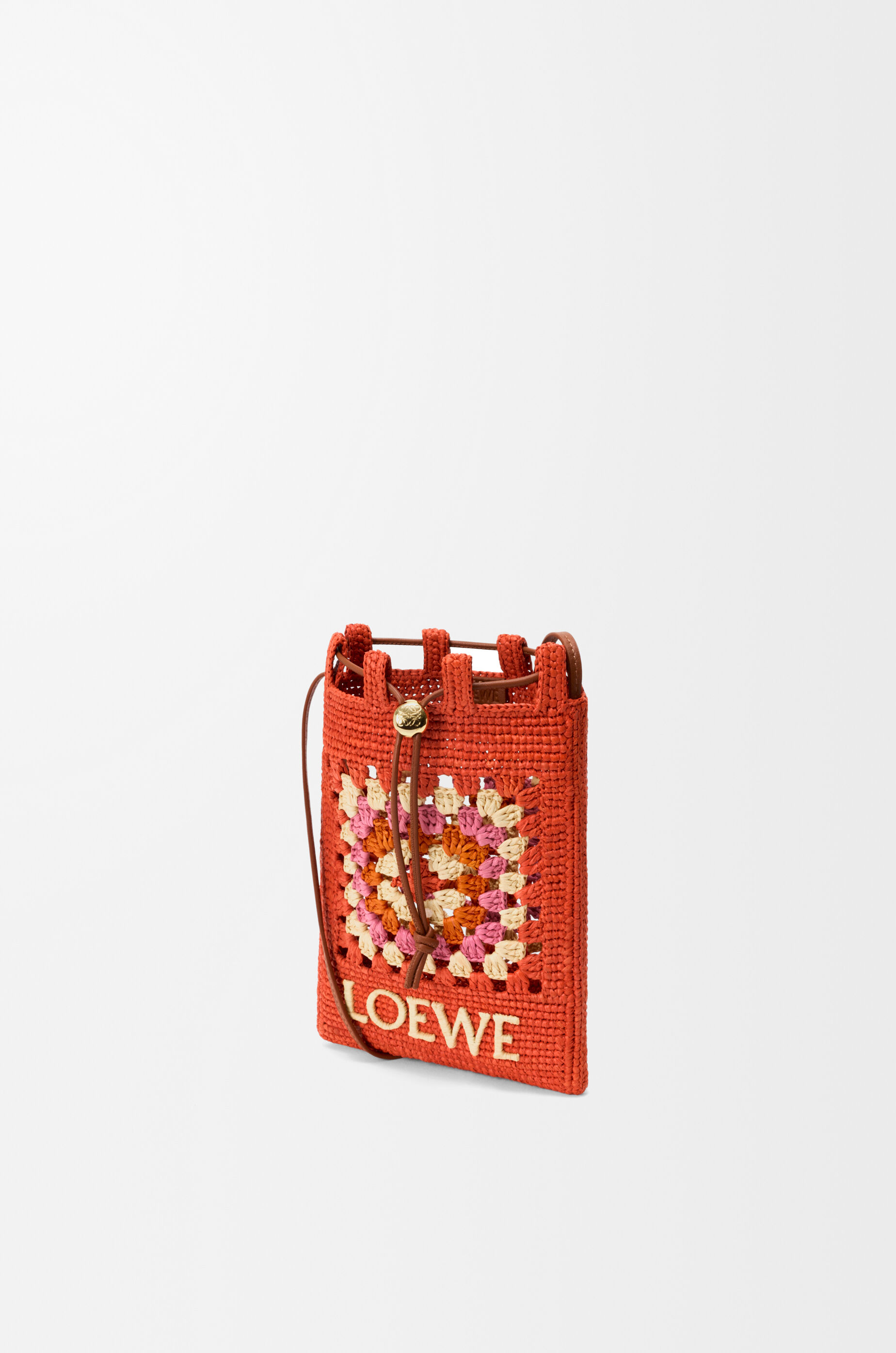 LOEWE Drawstring pocket in classic calfskin and raffia Bright Orange/Pink