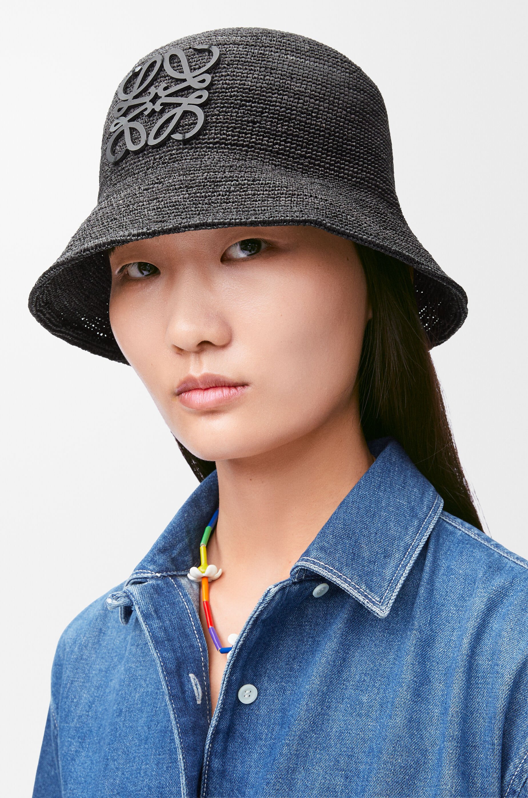 LOEWE Bucket hat in raffia and calfskin Black