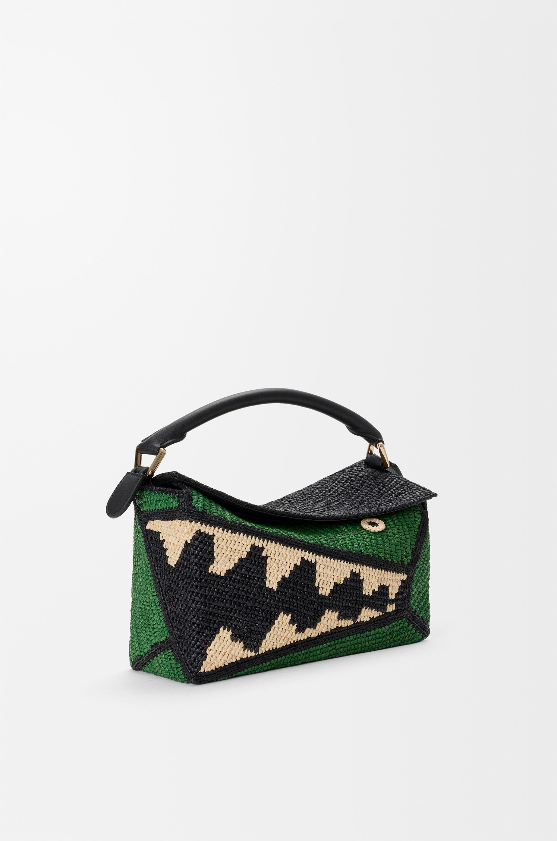 LOEWE Small Puzzle Edge bag in raffia and calfskin Black/Green