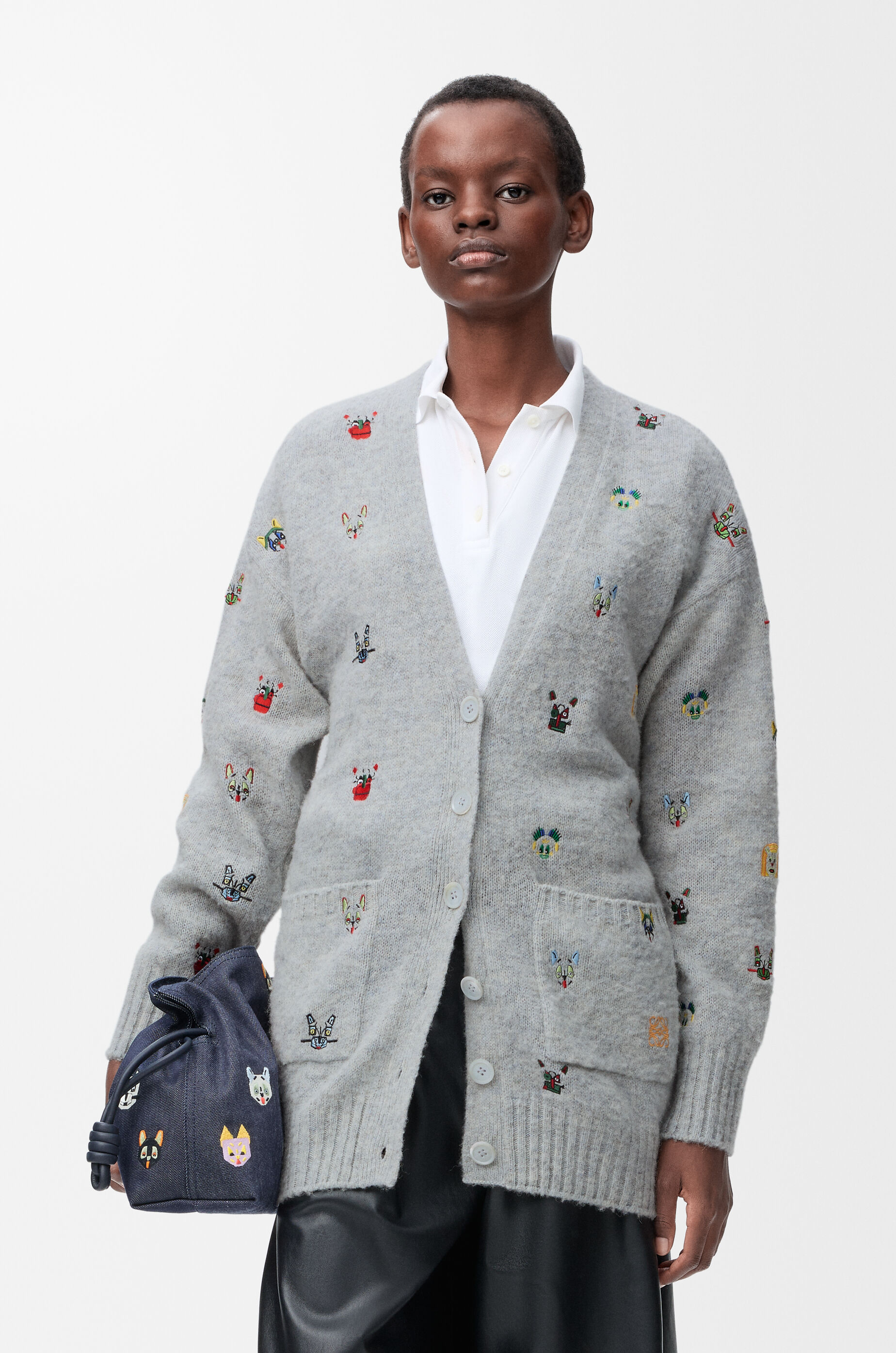 LOEWE Belted cardigan in wool Grey/Multicolor