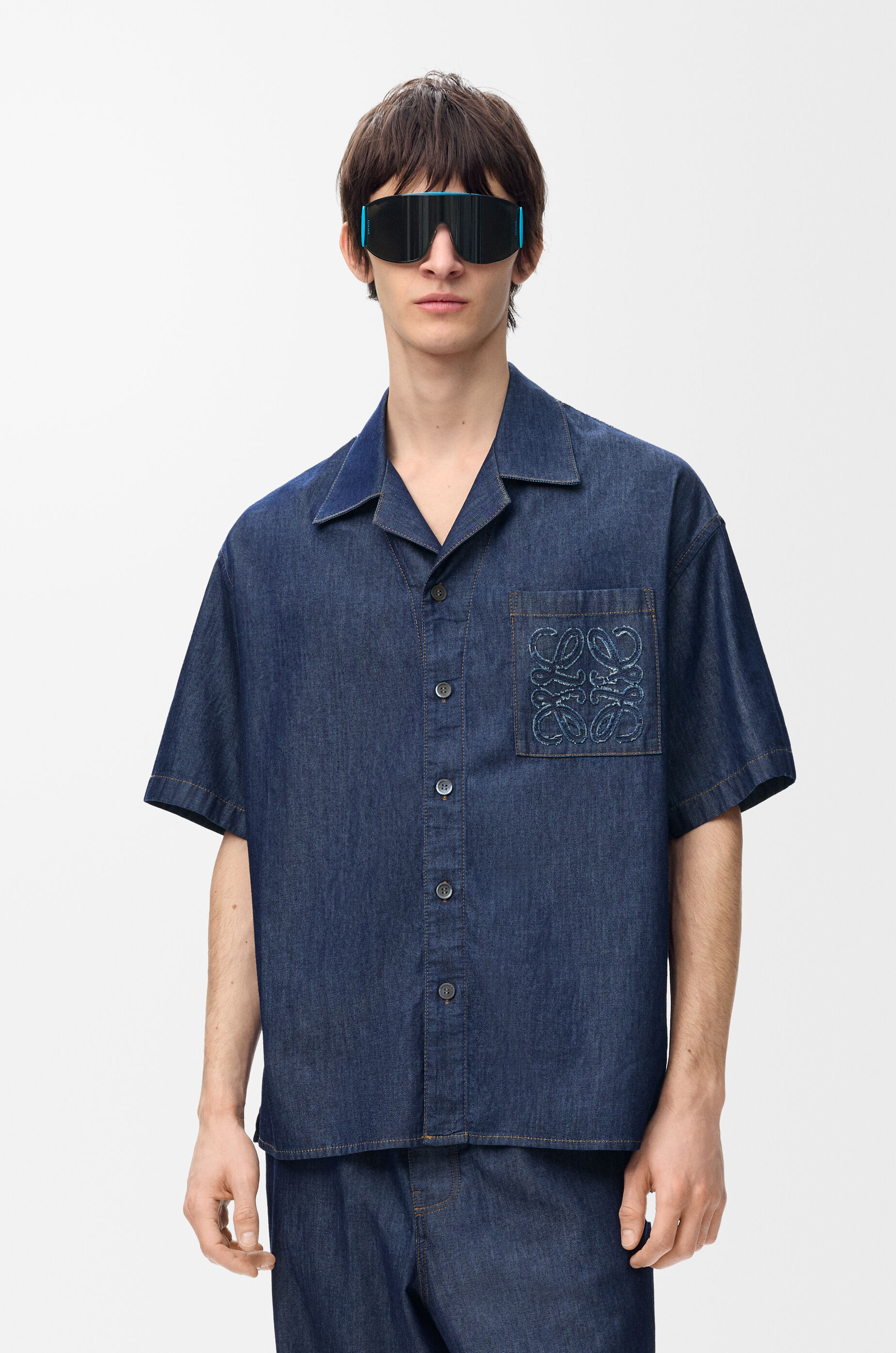 LOEWE Short sleeve shirt in cotton Denim Blue