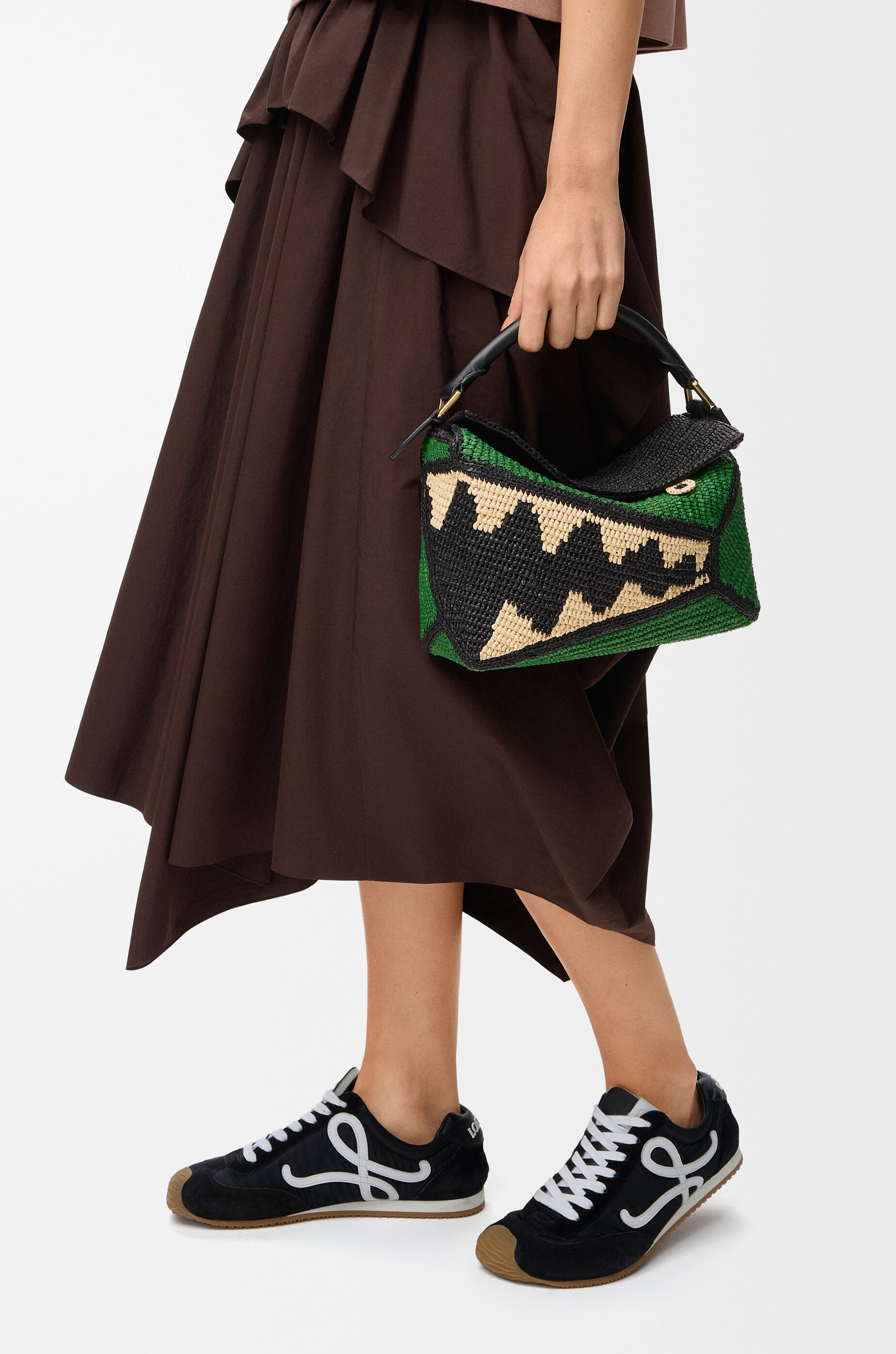 LOEWE Small Puzzle Edge bag in raffia and calfskin Black/Green